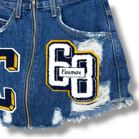 Carmar Beatrice Varsity Letter Denim Zip Front Distressed High Waist Mini Skirt - Picture 4 of 12